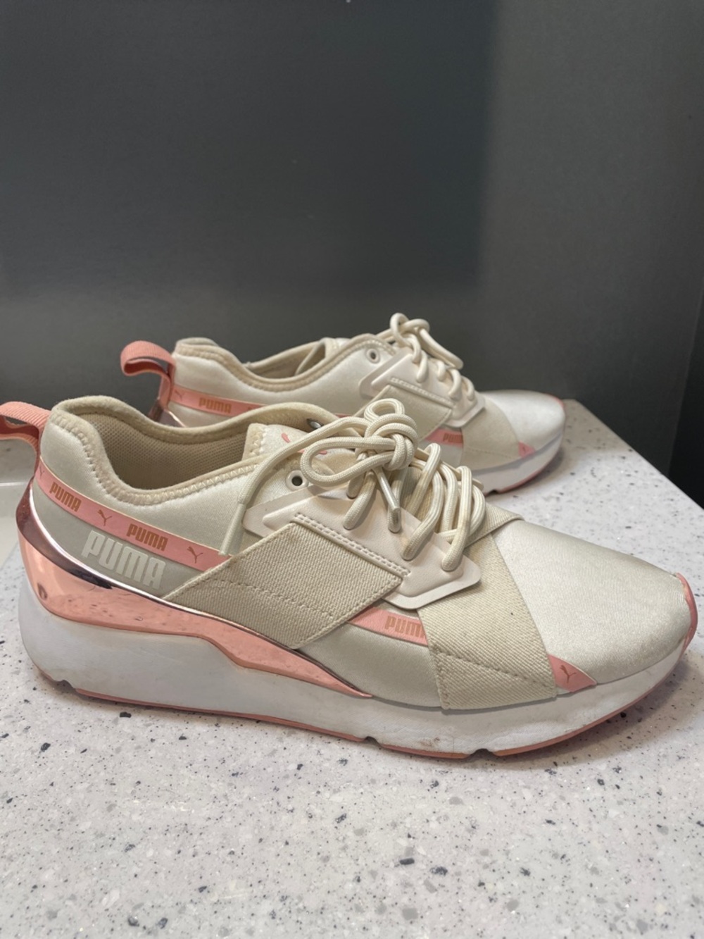 Puma Cream Sneakers with Pink Metallic Accents